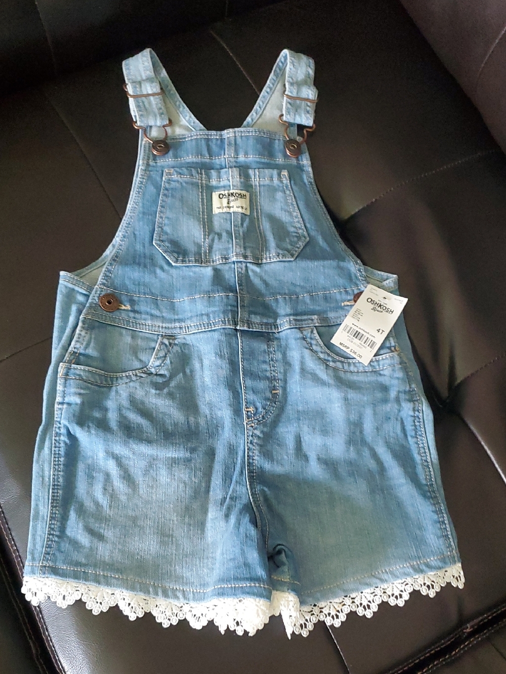 OshKosh B'gosh Light Blue Denim Shortall with White Lace Trim